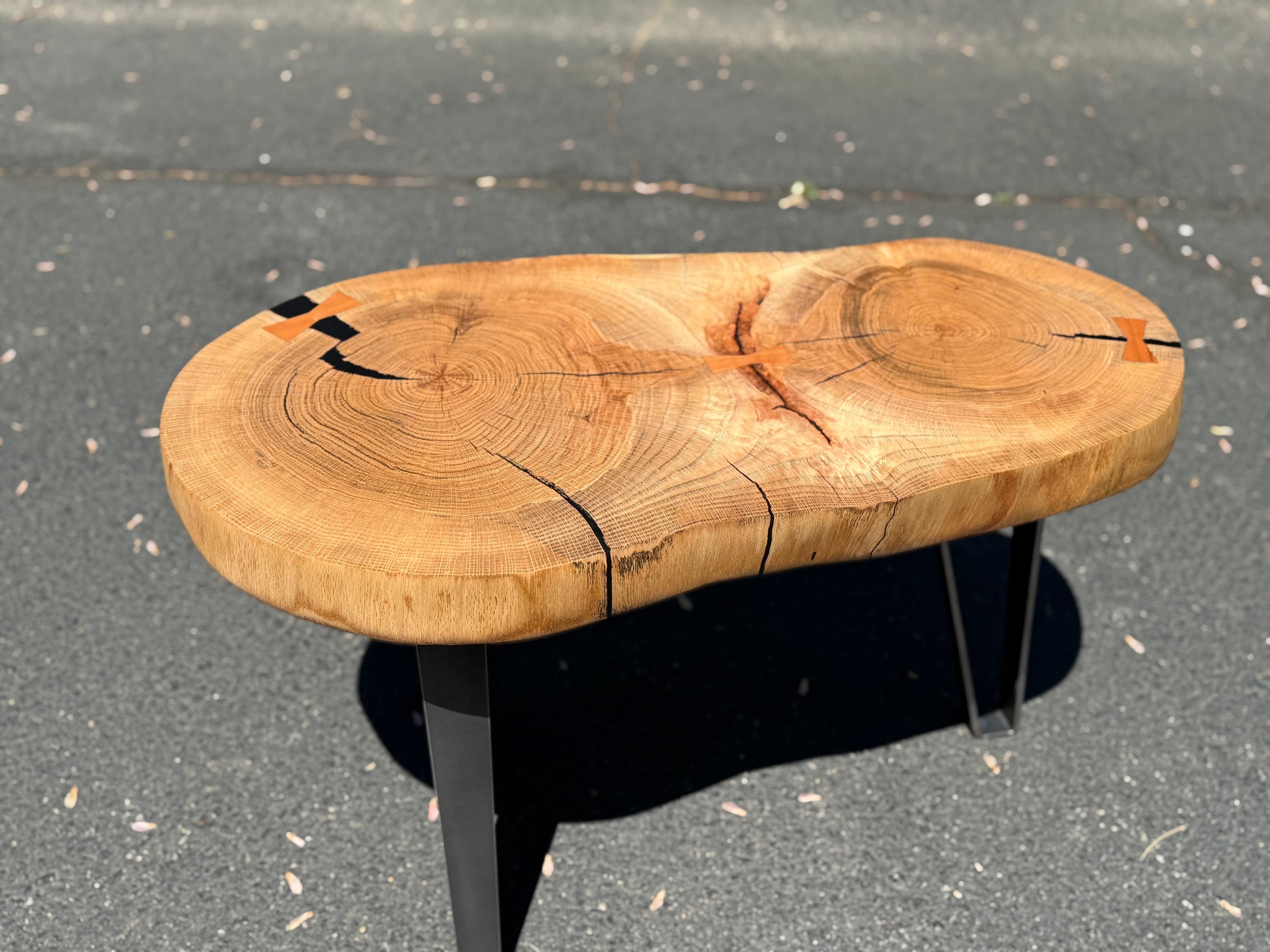 Live-edge cookie end table with expressive growth rings, wooden bowtie inlays, and black metal legs